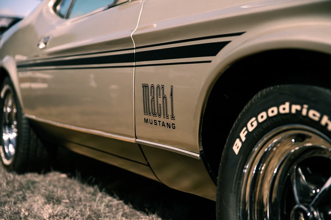 Mach 1 side stripe and BFGoodrich tyre on a Ford Mustang