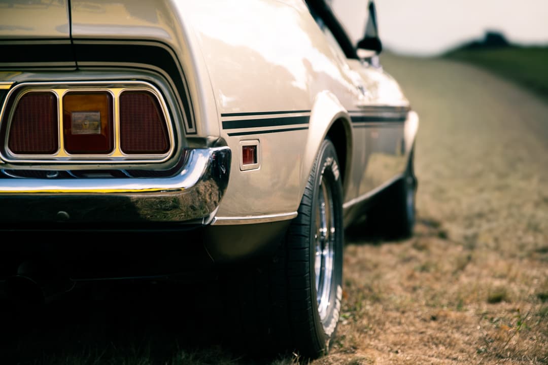 Rear light and chrome bumper detail on a Ford Mustang Mach 1 in a field