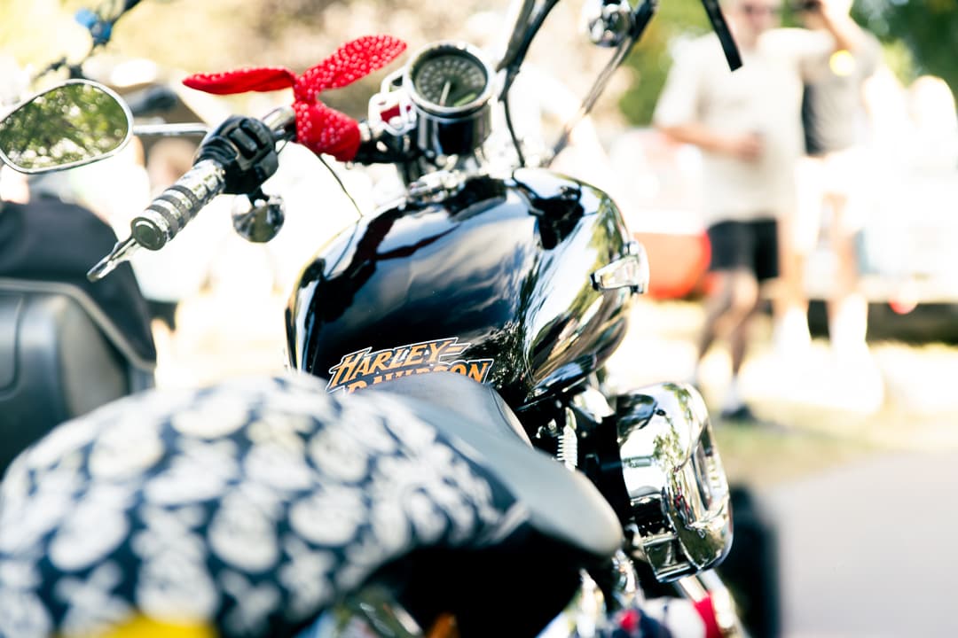 Harley-Davidson fuel tank and a red bandana tied to the handlebars