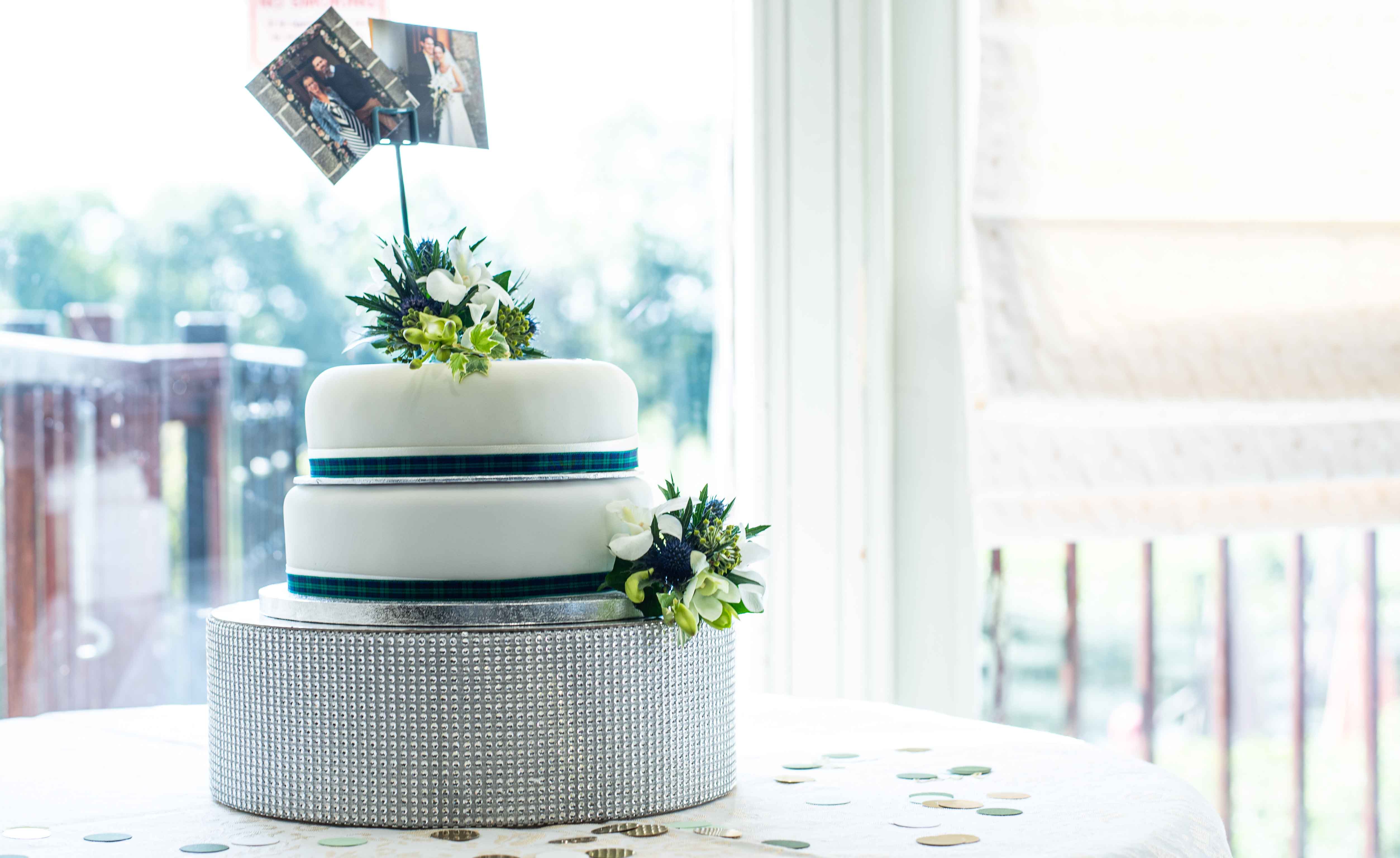 Elegant wedding cake in bright, warm ambiance